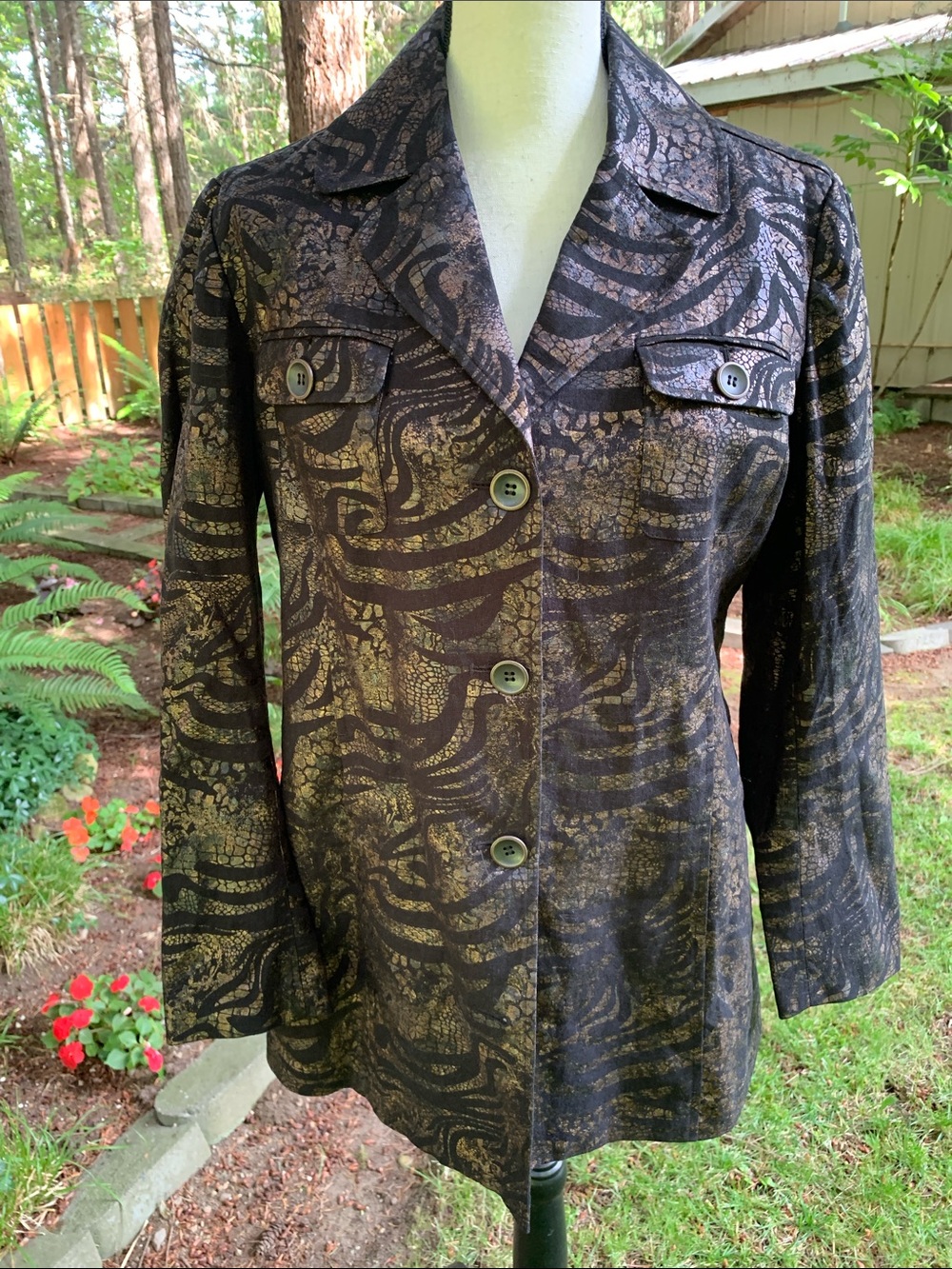 Chicos Women’s Metallic Black & Copper Patterned Button-Front Jacket NWOT